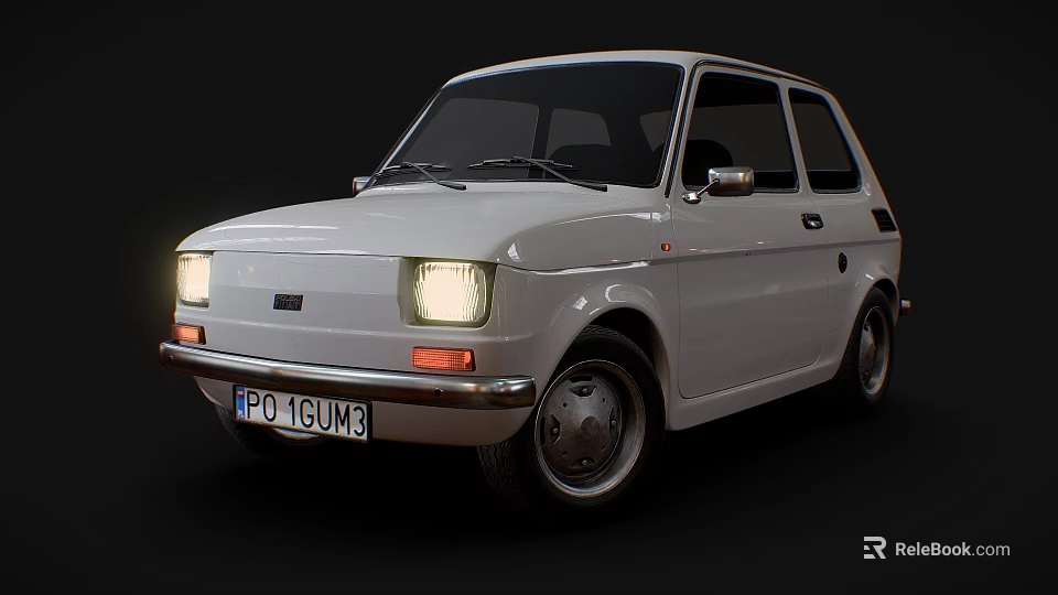 Vintage White Compact Hatchback Car With Round Headlights Retro Classic Design 3d model 