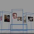 Blue Metal Frame Display Stands With Colorful Artworks And Blue Bench In Modern Exhibition Space
