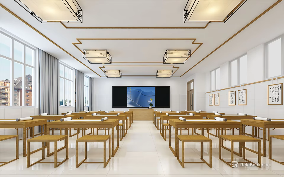 School Classroom With Neat Desks Front Electronic Screen Wall Decorations And Bright Light 3d model 
