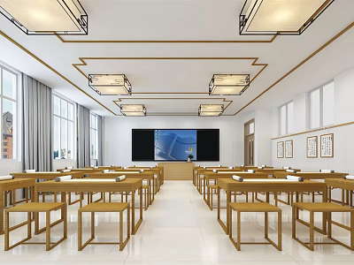 School Classroom With Neat Desks Front Electronic Screen Wall Decorations And Bright Light 3d model