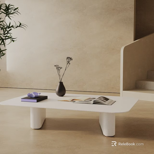 Modern Living Room Sofa Coffee Table Set with White Table Vase Books and Green Plant 3d model 