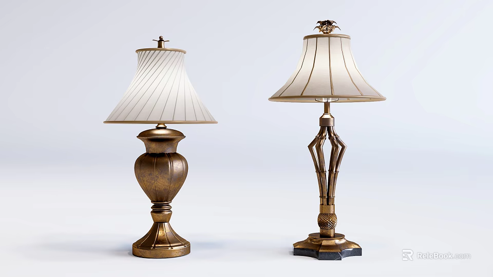 Two Vintage Table Lamps With White Striped Shades And Decorative Golden Bases 3d model 