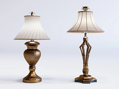 Two Vintage Table Lamps With White Striped Shades And Decorative Golden Bases 3d model