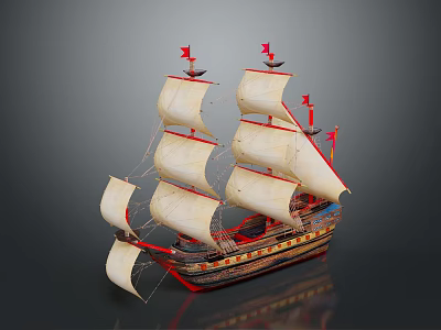 Detailed Model Sailing Ship With White Sails And Red Flags On Wooden Hull 3d model