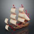 Detailed Model Sailing Ship With White Sails And Red Flags On Wooden Hull