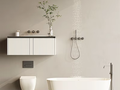 Modern Bathroom Interior With White Freestanding Bathtub Light Grey Walls And Wall Mounted Cabinet 3d model