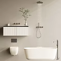 Modern Bathroom Interior With White Freestanding Bathtub Light Grey Walls And Wall Mounted Cabinet
