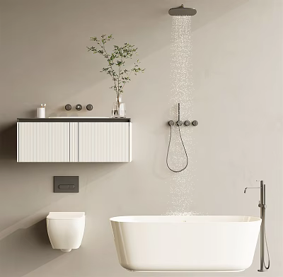 Modern Bathroom Interior With White Freestanding Bathtub Light Grey Walls And Wall Mounted Cabinet 3d model