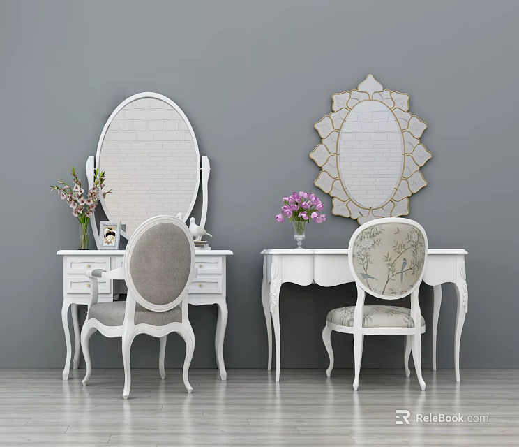 White Dressing Tables with Mirrors Chairs Vases and Flowers on Gray Wall and Wooden Floor 3d model 