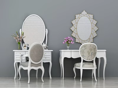 White Dressing Tables with Mirrors Chairs Vases and Flowers on Gray Wall and Wooden Floor 3d model