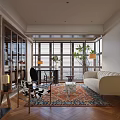 Modern Living Room With Herringbone Flooring Wooden Shutters Beige Sofa And Stone Fireplace