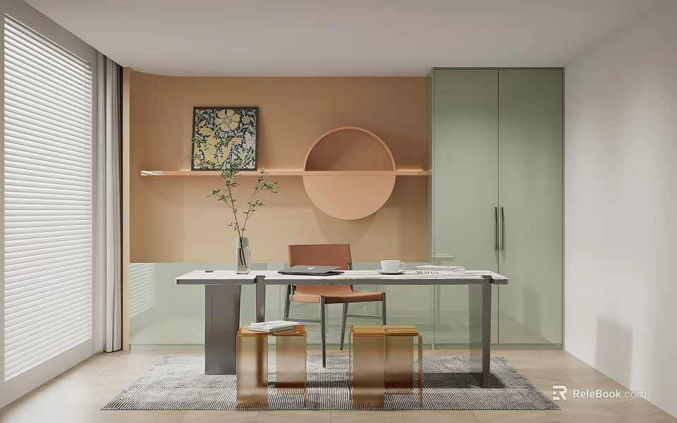 Modern Study Room Interior With Desk Chair And Decorative Elements 3d model