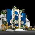 Traditional Tea Exhibition Setup With Blue Backdrop Round Cakes And Mountain Decorations 3d model