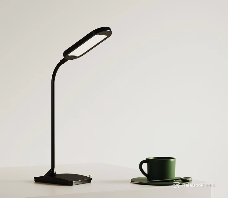 Modern Black Desk Lamp With Curved Arm And Green Cup On Tabletop 3d model 