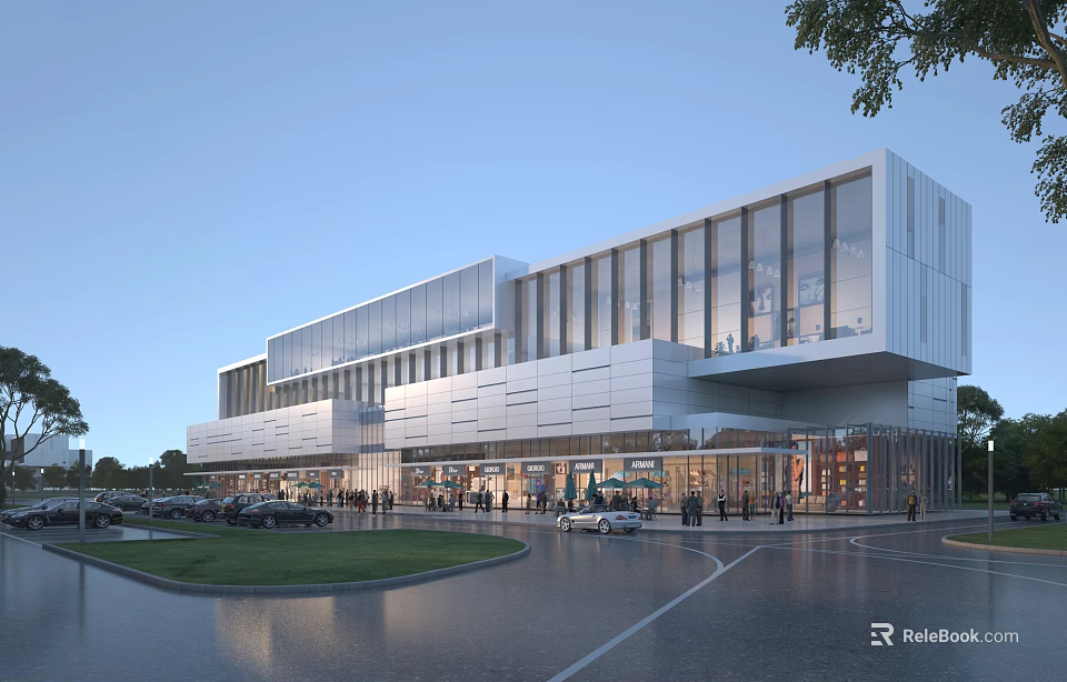 Modern Commercial Building Featuring Glass Facade Multi story Structure People And Cars In Outdoor Area 3d model 