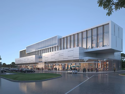 Modern Commercial Building Featuring Glass Facade Multi story Structure People And Cars In Outdoor Area 3d model