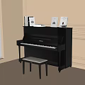 Black Upright Piano Interior With Stool And Books On Top In Minimalist Room