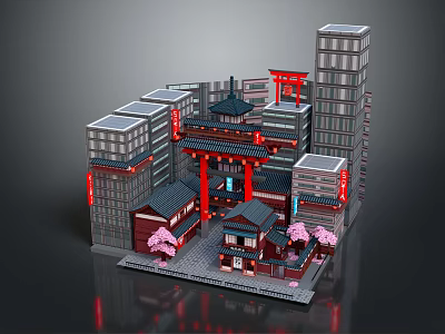Cartoon Scene With Traditional Japanese Torii Gate Modern Skyscrapers Traditional Buildings And Cherry Blossom Trees 3d model
