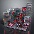 Cartoon Scene With Traditional Japanese Torii Gate Modern Skyscrapers Traditional Buildings And Cherry Blossom Trees