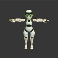 3D White And Black Robot Character With Green Eyes Extended Arms Standing On Black Background