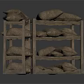 Rustic Wooden Storage Furniture Shelves With Multiple Tiers And Brown Bags