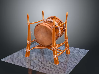Brown Traditional Drum with Orange Wooden Stand and White Straps on Gray Brick Floor 3d model