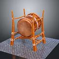 Brown Traditional Drum with Orange Wooden Stand and White Straps on Gray Brick Floor