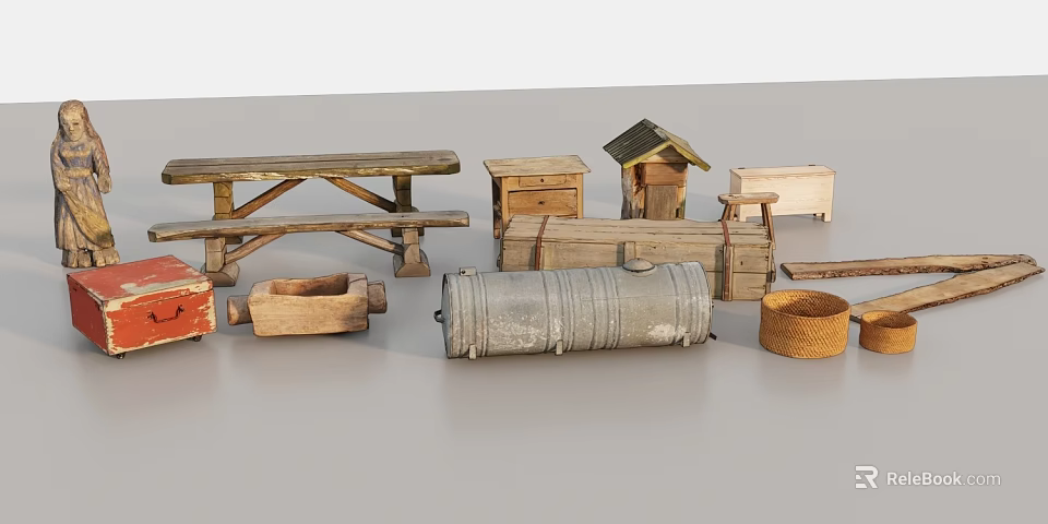 Garden Decorative Pieces with Wooden Bench Boxes Mini House Metal Barrel and Wicker Basket 3d model 