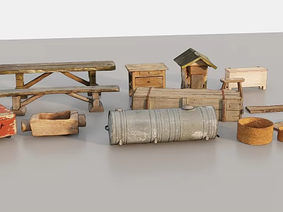 Garden Decorative Pieces with Wooden Bench Boxes Mini House Metal Barrel and Wicker Basket 3d model