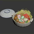 White Textured Bowl With Lid Holding Fresh Vegetables Eggs And Fried Balls