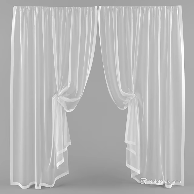 Elegant White Sheer Curtains Tied With Bows For Window Decoration 3d model 