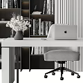Modern Office Desk With Laptop Table Lamp Flower Vase And Bookshelves