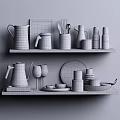 Stylish Kitchenware Arranged On Wooden Shelves With Pitcher Mugs Spoons Jars And Glasses
