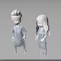 Two 3D Characters With White Hair Glasses Blue Jumpsuits Standing On Gray Background