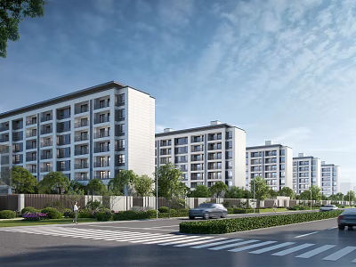 Modern Multi-story School Building Campus View with Green Trees Road and Vehicles 3d model