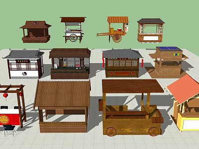 Various Wooden Vendor Stalls With Different Rooftop Designs And Mobile Carts 3d model