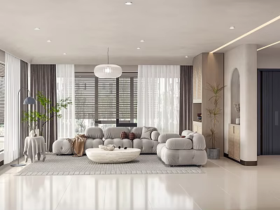 Modern Living Dining Room Interior Design With Sofa Coffee Table Large Windows Curtains And Plants 3d model