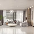 Modern Living Dining Room Interior Design With Sofa Coffee Table Large Windows Curtains And Plants