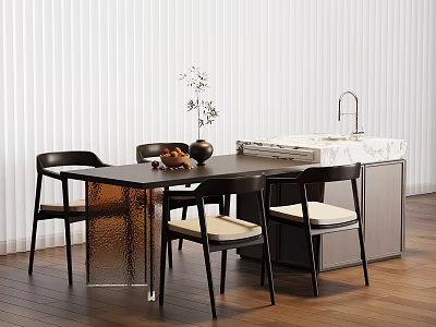 Modern Kitchen Interior With Marble Island Counter And Dining Chairs 3d model