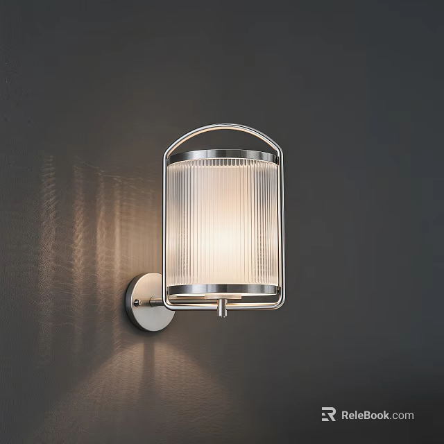 Modern Wall Light with Metal Frame and Ribbed Glass Shade Mounted on Dark Wall 3d model 