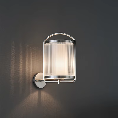 Modern Wall Light with Metal Frame and Ribbed Glass Shade Mounted on Dark Wall 3d model