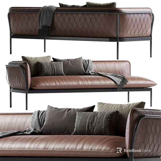 Modern Brown Leather Sectional Sofa With Metal Frame And Throw Pillows 3d model 