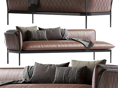 Modern Brown Leather Sectional Sofa With Metal Frame And Throw Pillows 3d model
