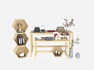Stylish Decorative Ornament Combination With Wooden Shelves Table Books Lamp Vase And Shoe Ornaments 3d model