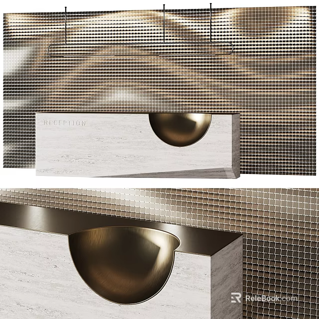 Modern Front Desk Reception With Marble Counter Gold Sphere Decor And Grid Pattern Backdrop 3d model 