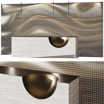 Modern Front Desk Reception With Marble Counter Gold Sphere Decor And Grid Pattern Backdrop 3d model