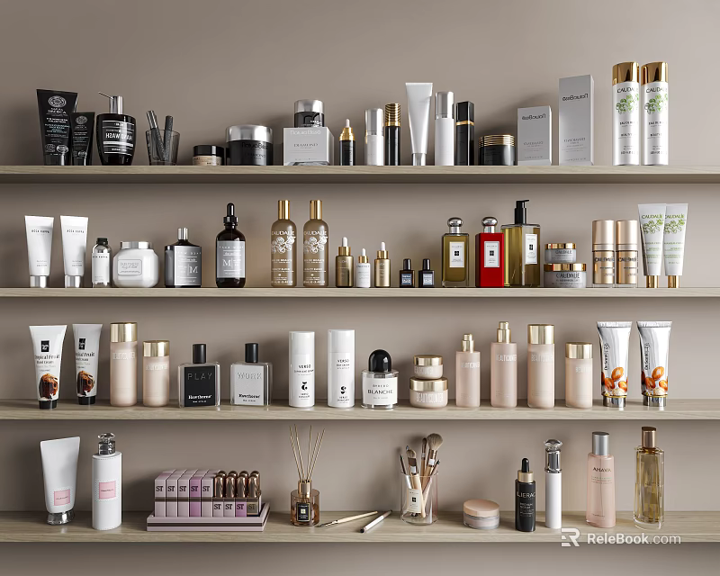 Cosmetics and Perfumes Display on Shelves with Various Bottles Jars and Sprays 3d model 
