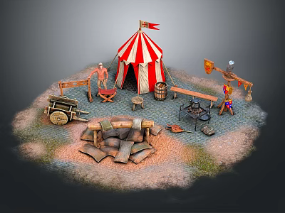 Cartoon Circus Scene Featuring Red White Striped Tent Characters Wooden Cart Barrels And Campfire 3d model