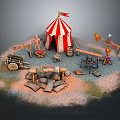 Cartoon Circus Scene Featuring Red White Striped Tent Characters Wooden Cart Barrels And Campfire