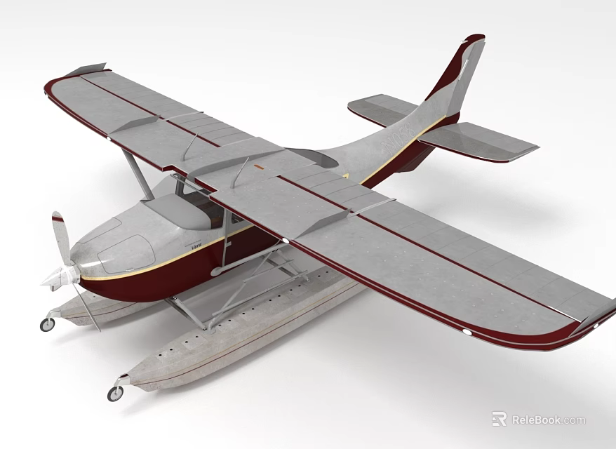 Seaplane Passenger Aircraft With Gray Maroon Body And Float Design 3d model 